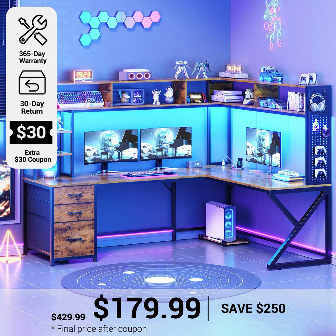 SEDETA® 94.5 Inch Convertible Computer Desk L Shaped Gaming Desk with Drawers Storage Shelves Power Outlet and LED Lights