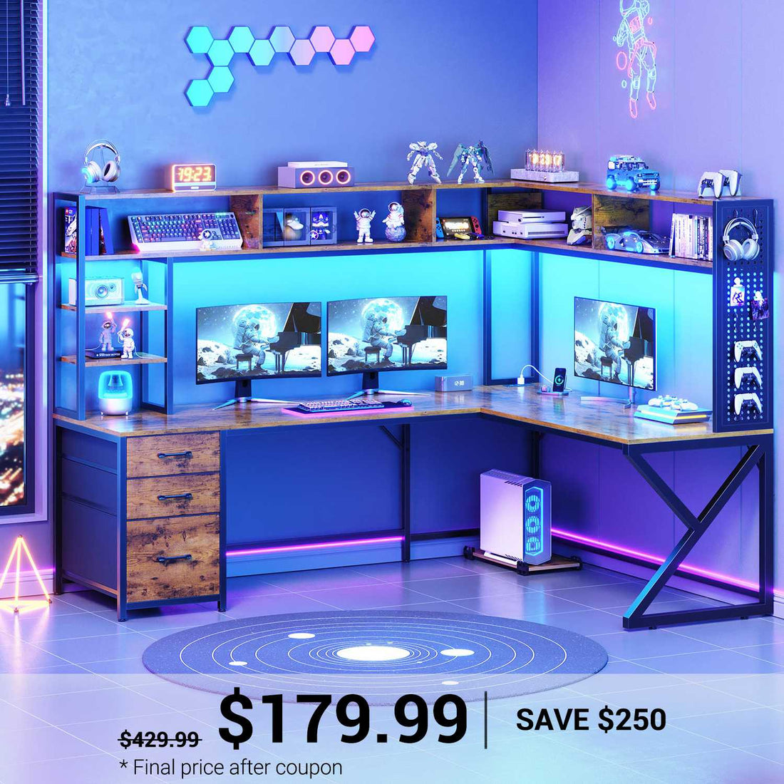 SEDETA | 94.5 Inch L Shaped Gaming Desk Convertible Two Person Computer Desk with LED Lights, Long Desk with Drawers, Storage Shelves & Hutch