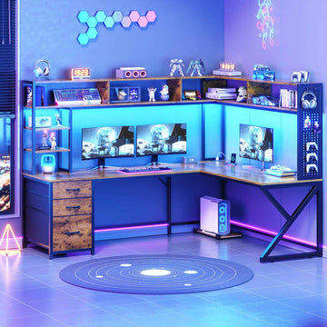SEDETA® 94.5 Inch Convertible Computer Desk L Shaped Gaming Desk with Drawers Storage Shelves Power Outlet and LED Lights