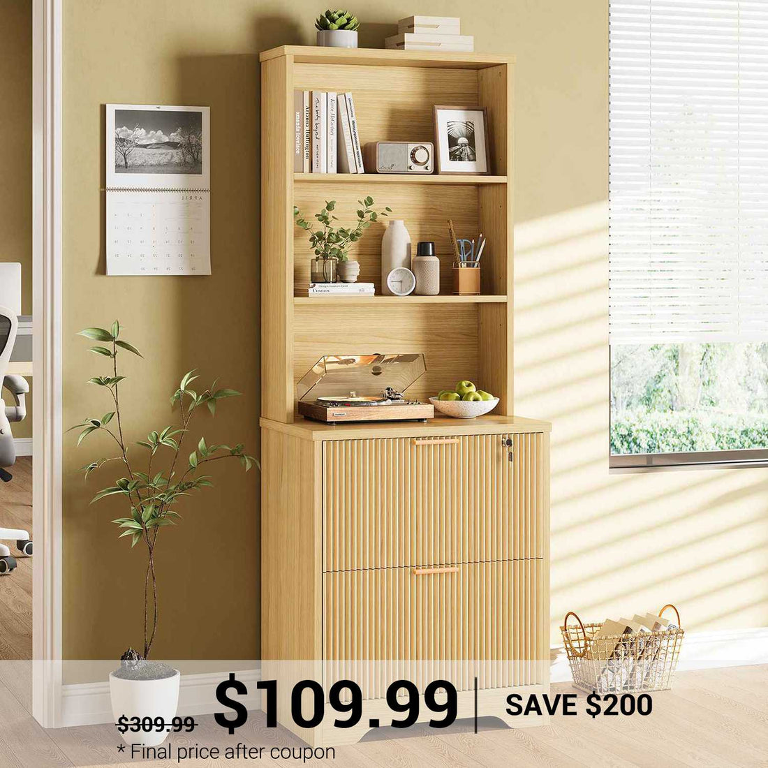 SEDETA | 2 Drawer Fluted File Cabinet with Lock Farmhouse File Cabinets for Home Office with Adjustable Storage Shelf