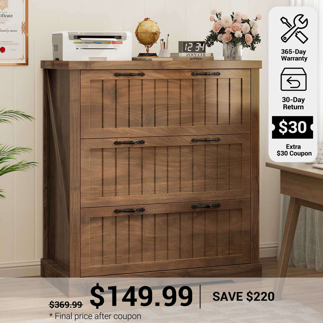 SEDETA® 3 Drawer Farmhouse Filing Cabinet for Home Office Lateral File Cabinets with Printer Stand Wood Office File Cabinets for Letter/Legal/A4 Size