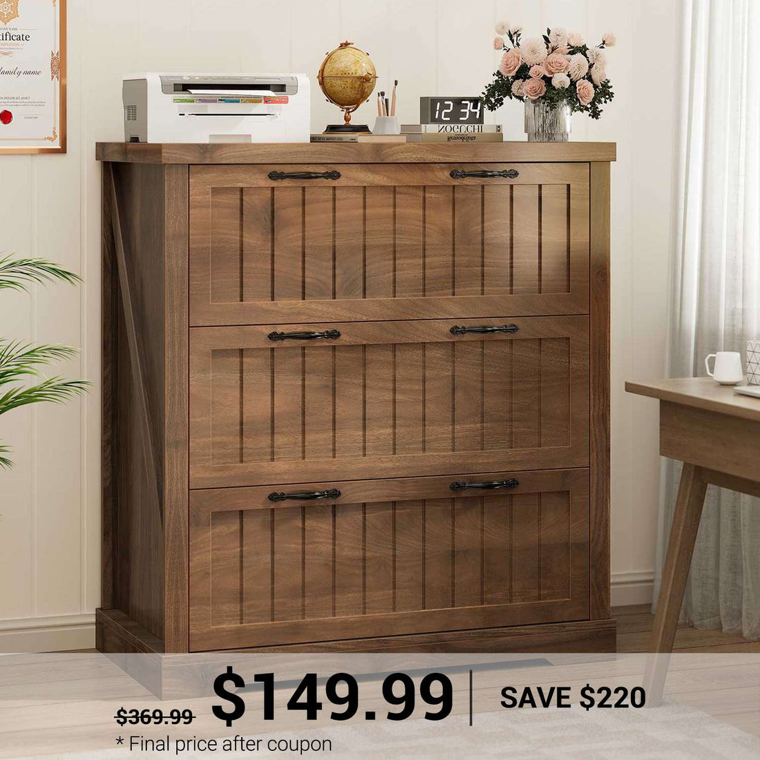 SEDETA | Lateral File Cabinets with Printer Stand 3 Drawer Farmhouse Filing Cabinet for Home Office Wood Office File Cabinets for Letter/Legal/A4 Size