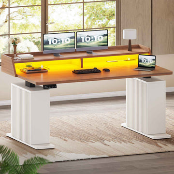 SEDETA 55 Inch Fluted Electric Standing Desk Ergonomic Height Adjustable Desk with Storage Power Outlets LED Lights