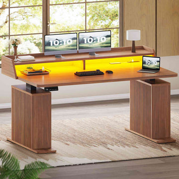 SEDETA® 55 Inch Electric Standing Desk Ergonomic Height Adjustable Fluted Computer Gaming Desk with LED Lights Power Outlets