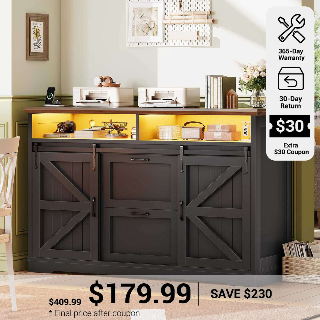 SEDETA® 47.2 Inch Filing Cabinets Farmhouse File Cabinet fit Legal/Letter/A4 File with Barn Door Printer Stand Power Outlets LED Lights