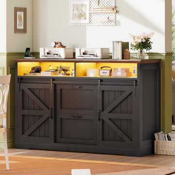 SEDETA | 47.2 Inch Farmhouse File Cabinet with Barn Door Printer Stand Power Outlets LED Lights Filing Cabinets fit Legal/Letter/A4 File
