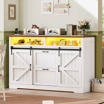 SEDETA 47.2 Inch File Cabinet 2 Drawers Farmhouse Filing Cabinets for A4 File with Barn Door Power Outlets Printer Stand LED Lights