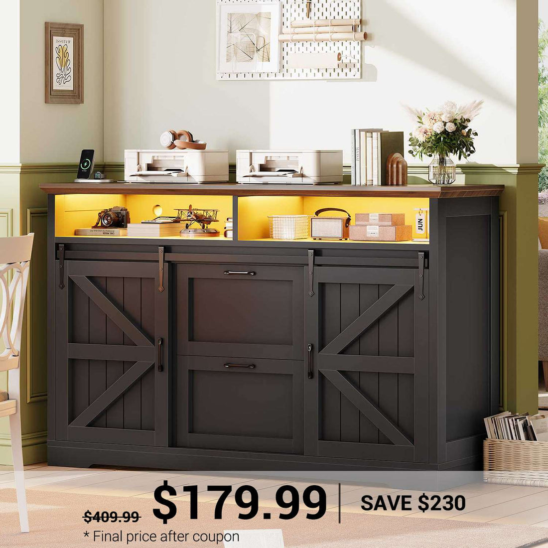 SEDETA | 47.2 Inch Farmhouse File Cabinet with Barn Door Printer Stand Power Outlets LED Lights Filing Cabinets fit Legal/Letter/A4 File