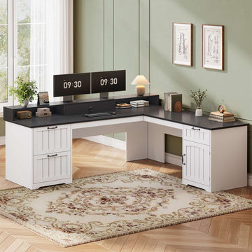 SEDETA® 63 Inch Farmhouse L Shaped Computer Desk Wood Ergonomic Office Desk with Storage File Drawers Monitor Stand
