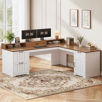 SEDETA 63 Inch Farmhouse Corner Computer Desk L Shaped Wood Desk with File Drawers Storage Monitor Stand for Home Office