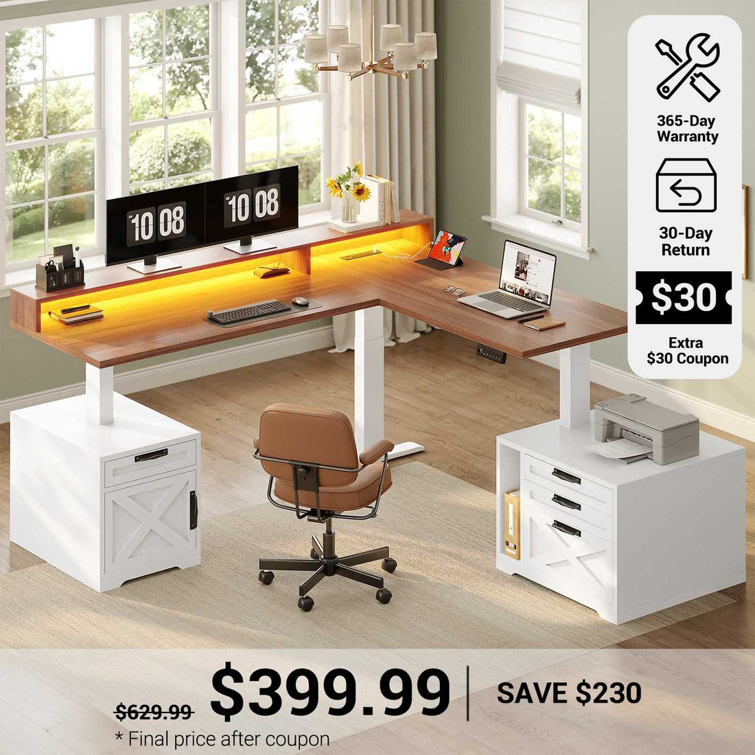 SEDETA® 70.1 Inch Farmhouse L Shaped Standing Desk Electric Height Adjustable Ergonomic Computer Desk with Drawers Power Outlet Printer Stand Monitor Stand
