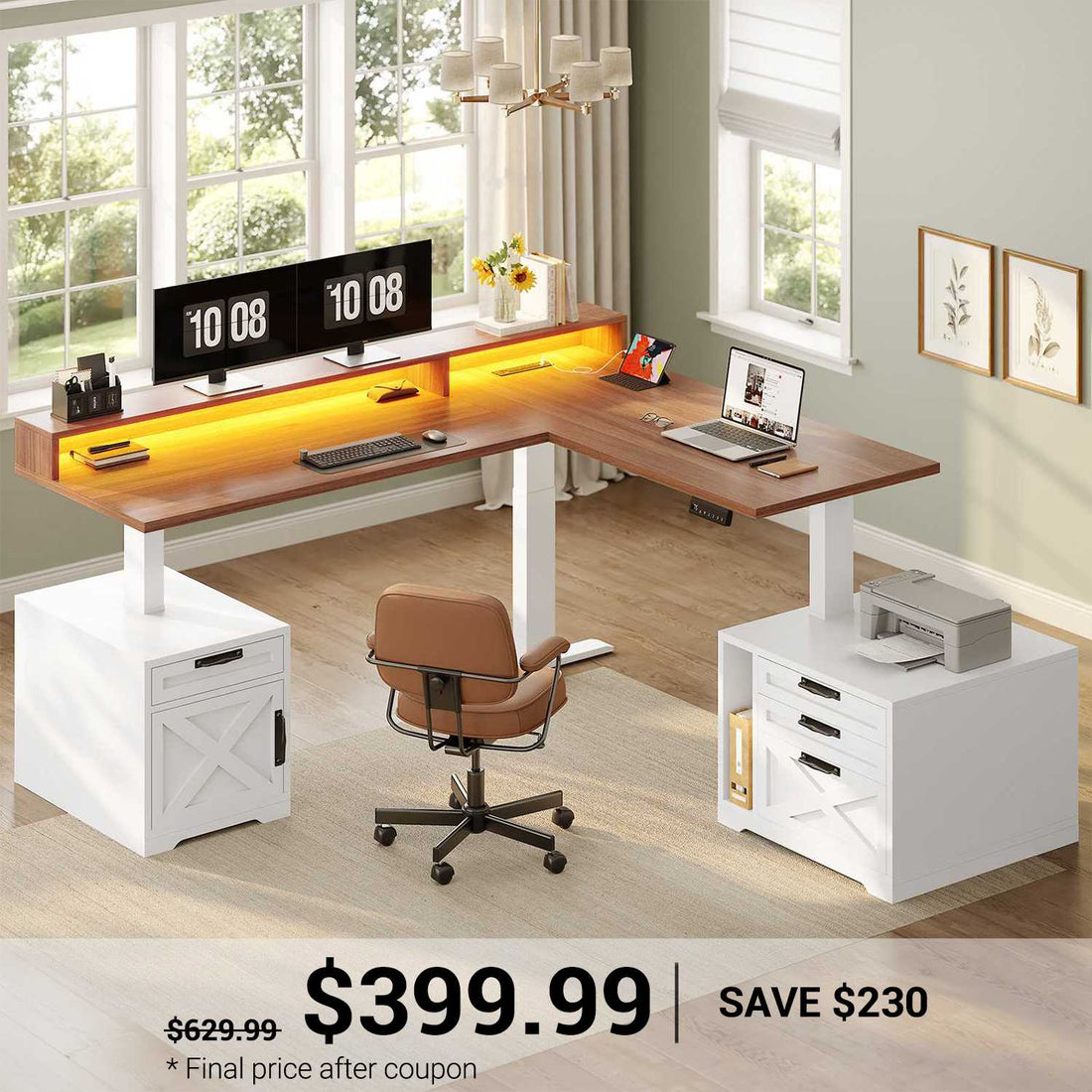 SEDETA | 70.1 Inch Farmhouse L Shaped Standing Desk Electric Height Adjustable, Ergonomic Computer Desk with Drawers, Outlets, Printer Stand