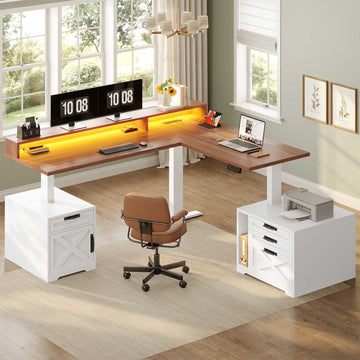 SEDETA | 70.1 Inch Farmhouse L Shaped Standing Desk Electric Height Adjustable, Ergonomic Computer Desk with Drawers, Outlets, Printer Stand