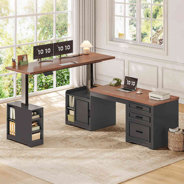 SEDETA® 63 Inch Two Person L Shaped Electric Standing Desk Height Adjustable, Farmhouse Reversible Computer Long Desk with Drawer, Outlets