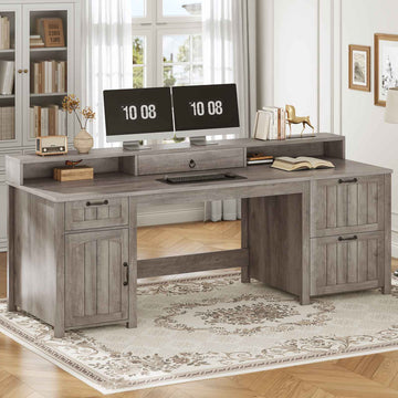 SEDETA 63 Inch Farmhouse Wood Computer Desk Executive Desk with Drawers Storage Cabinet Monitor Stand