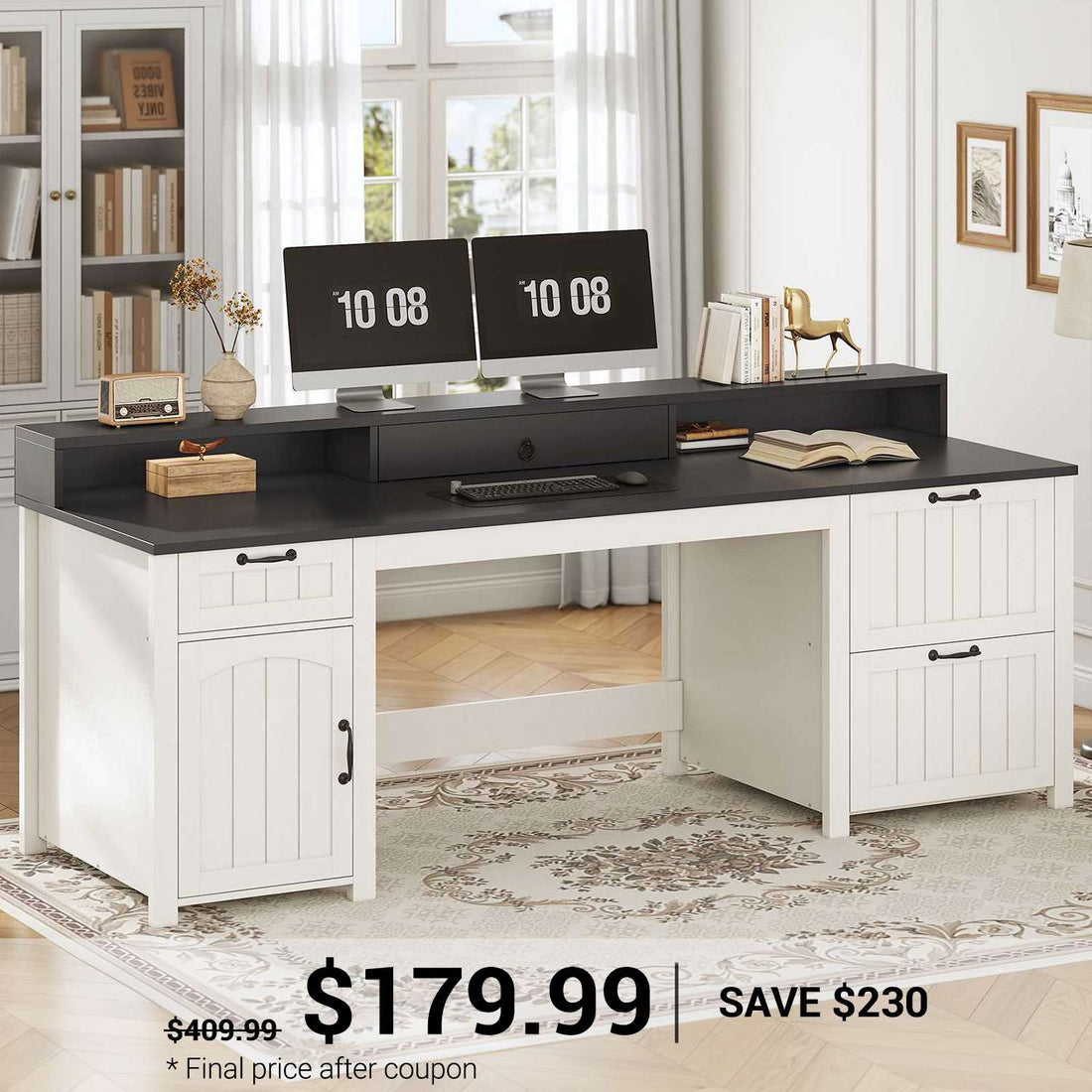 SEDETA | 63 Inch Wood Computer Desk Farmhouse Ergonomic Executive Desk for Home Office with File Drawer and Monitor Stand