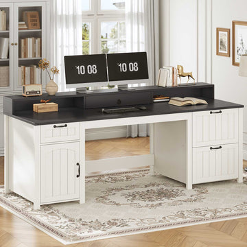 SEDETA | 63 Inch Wood Computer Desk Farmhouse Ergonomic Executive Desk for Home Office with File Drawer and Monitor Stand