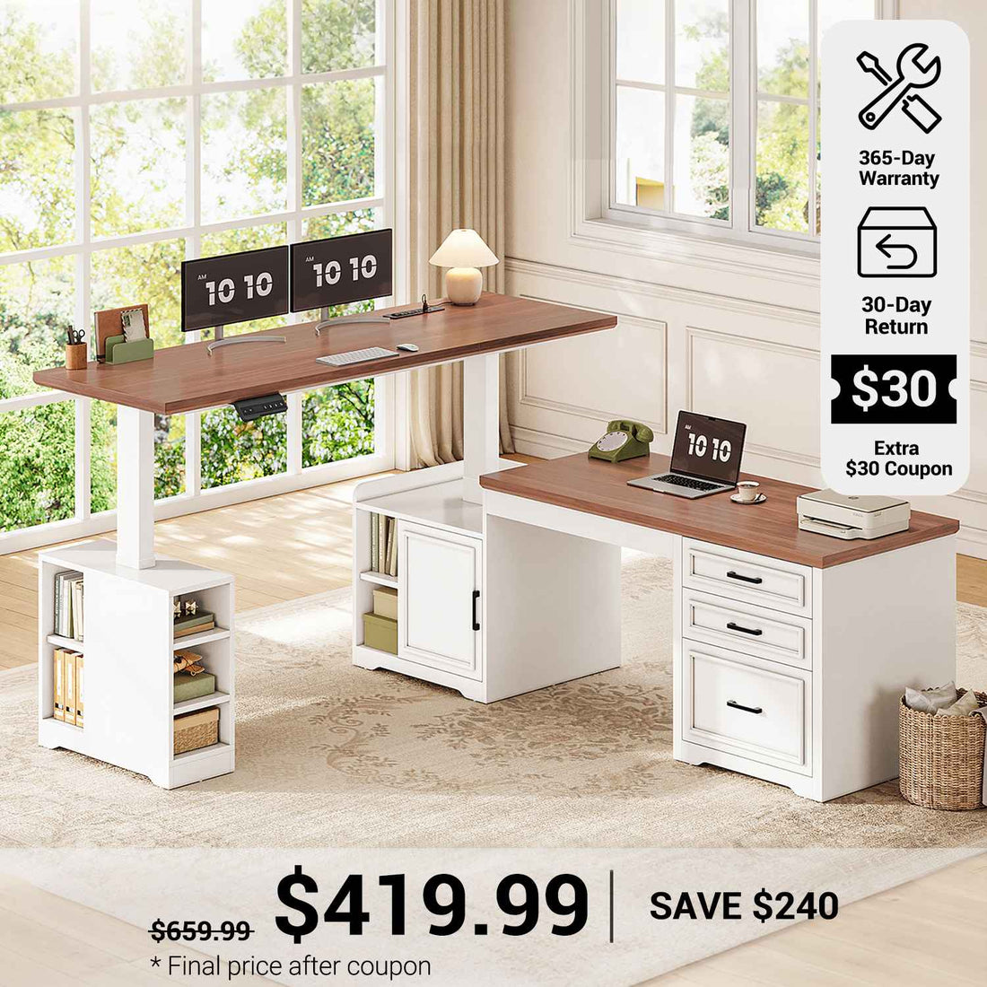 SEDETA 63 Inch L Shaped Electric Standing Desk Height Adjustable Computer Desk Farmhouse with Drawers Shelves and Power Outlet