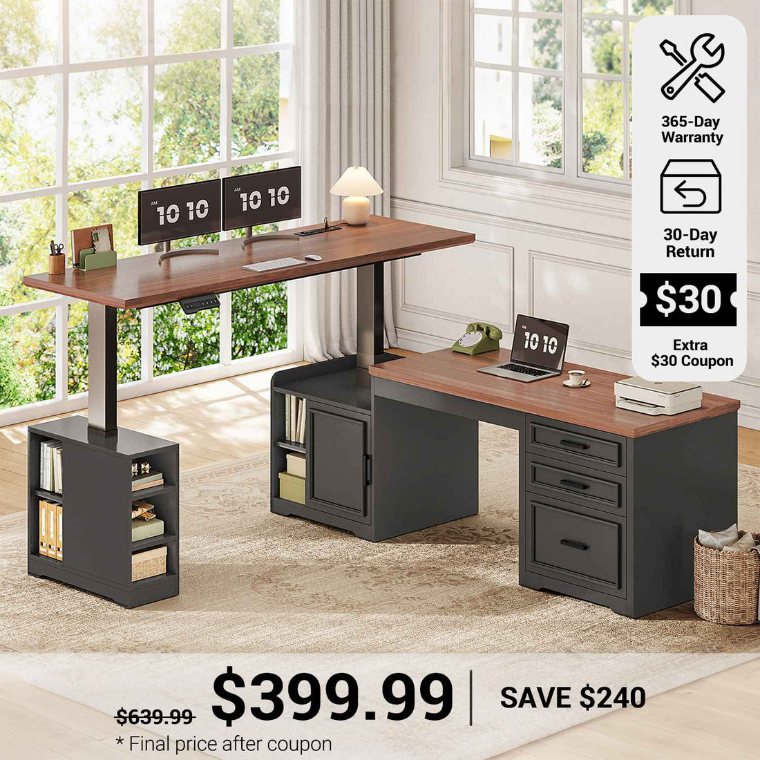 SEDETA® 63 Inch Two Person L Shaped Electric Standing Desk Height Adjustable, Farmhouse Reversible Computer Long Desk with Drawer, Outlets