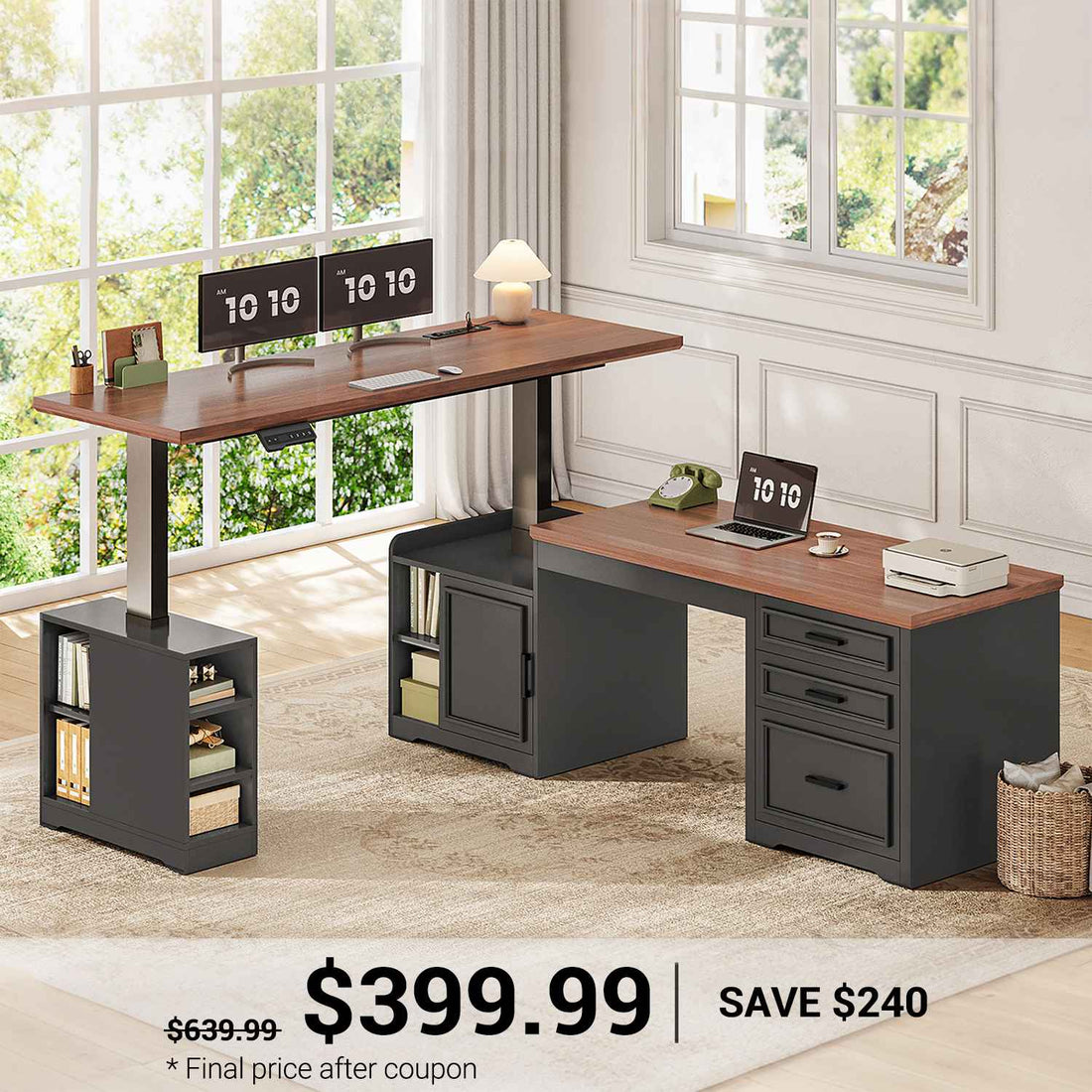 SEDETA | 63 Inch Farmhouse Electric Standing Desk Height Adjustable L Shaped Office Computer Desk with Drawers Shelves and Power Outlet