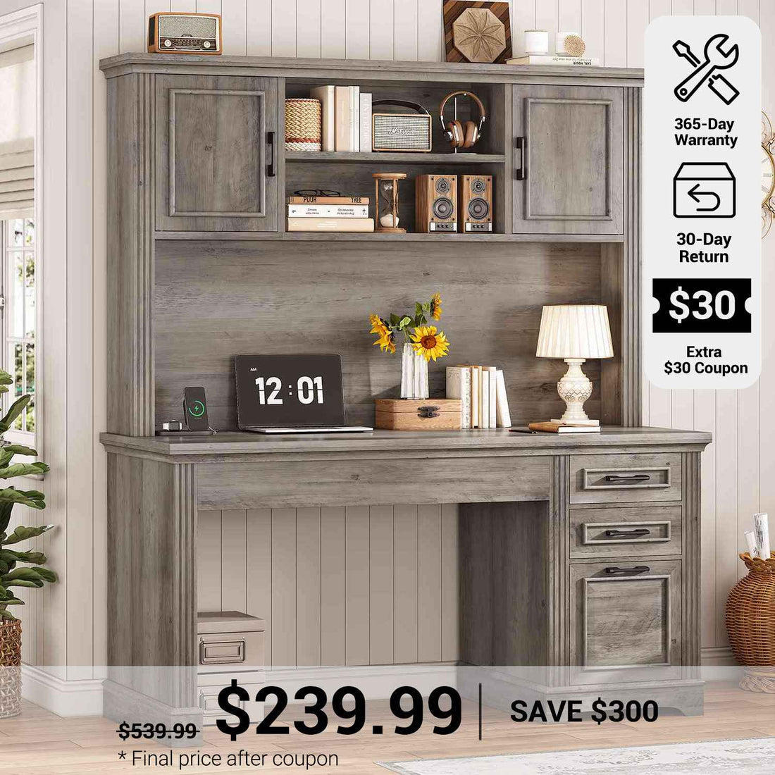 SEDETA® 47.2 Inch Farmhouse Executive Desk Computer Wood Table with Storage Drawers Hutch Cabinet