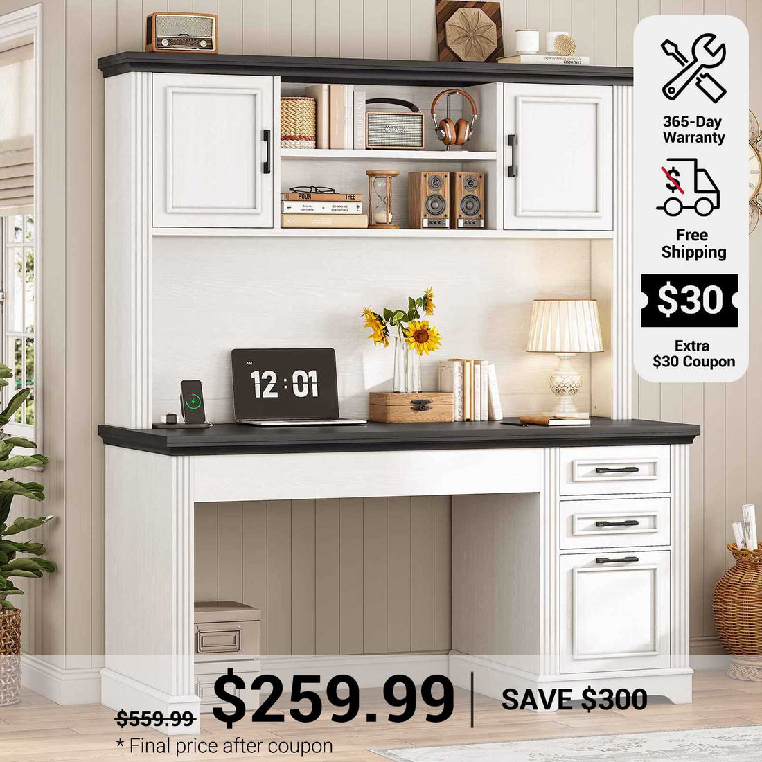 SEDETA 47.2 Inch Executive Desk Farmhouse with Storage Drawers for Home Office
