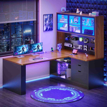 SEDETA | 67 Inch L Shaped Computer Desk Corner Gaming Desk with LED Lights, 3 Wood Drawers Display Cabinet, Bookshelf & Pegboard