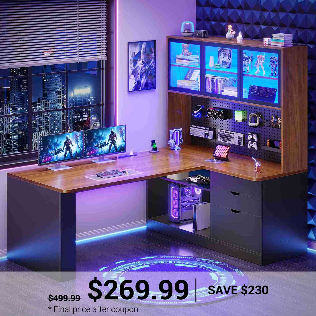 SEDETA | 67 Inch L Shaped Computer Desk Corner Gaming Desk with LED Lights, 3 Wood Drawers Display Cabinet, Bookshelf & Pegboard