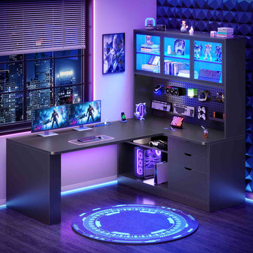 SEDETA 67 Inch L Shaped Computer Desk Corner Gaming Desk with LED Light 3 Wood Drawer Large Bookshelf Display Cabinet Pegboard