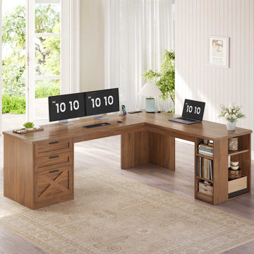 SEDETA |  67 Inch L Shaped Farmhouse Executive Computer Desk Home Office with Power Outlets 3 Drawers and Storage Shelves