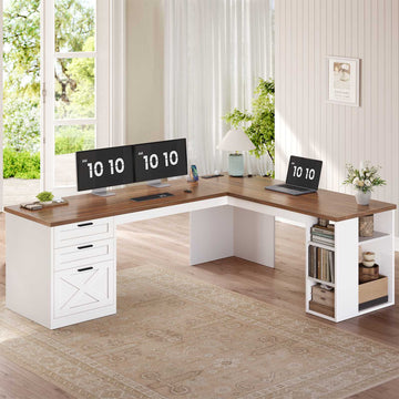 SEDETA 67 Inch Farmhouse L Shaped Computer Desk with 3 Drawers, Home Office Executive Desk with Storage Shelves, Power Outlets
