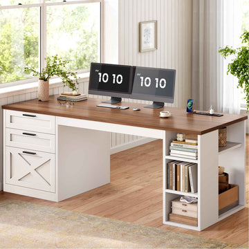 SEDETA 55.1 Inch Farmhouse Office Desk with 3 Drawers Computer Desk with Storage Shelves Executive Desk with Power Outlet