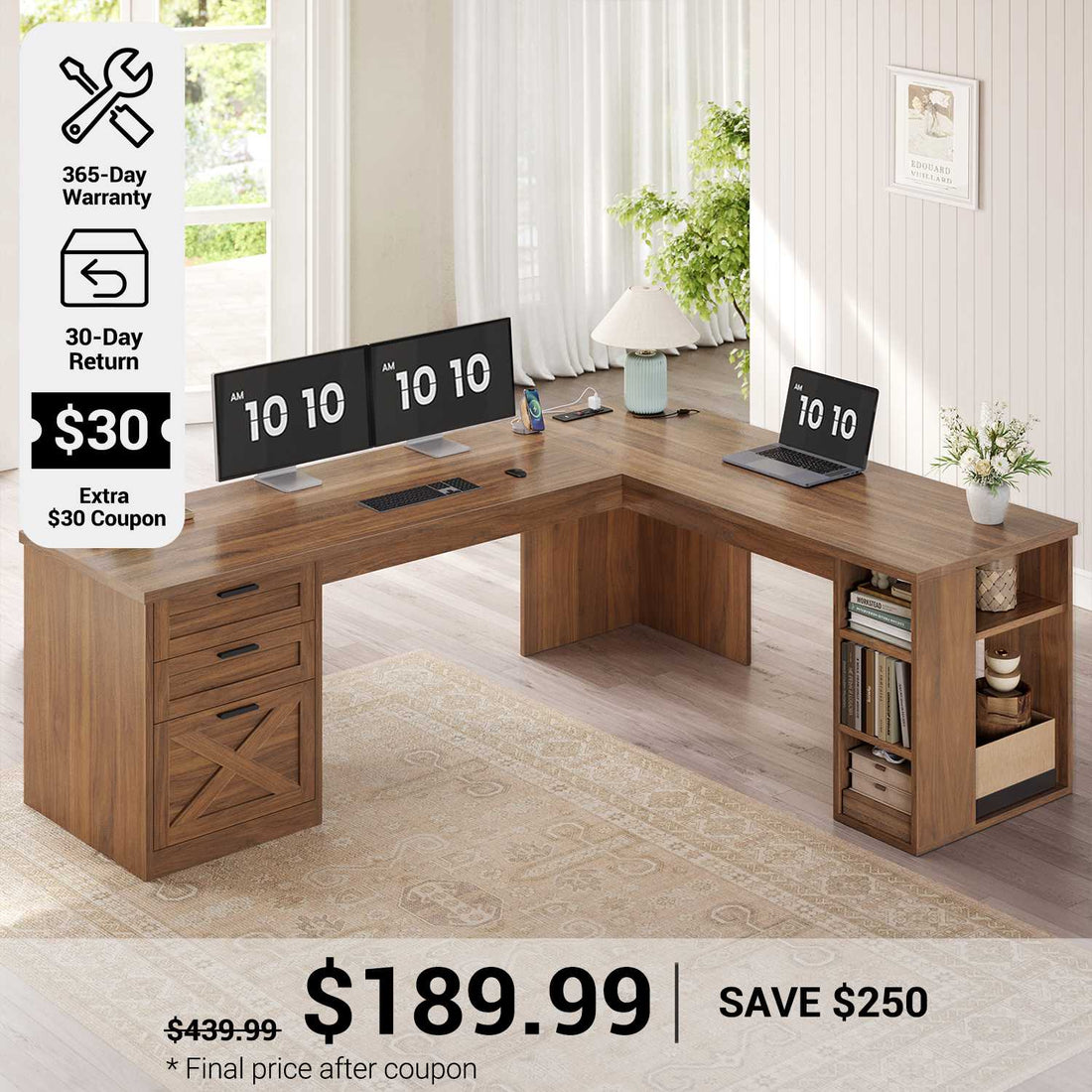 SEDETA® 67 Inch Farmhouse L Shaped Computer Desk with 3 Drawers Home Office Executive Desk with Storage Shelves and Power Outlets