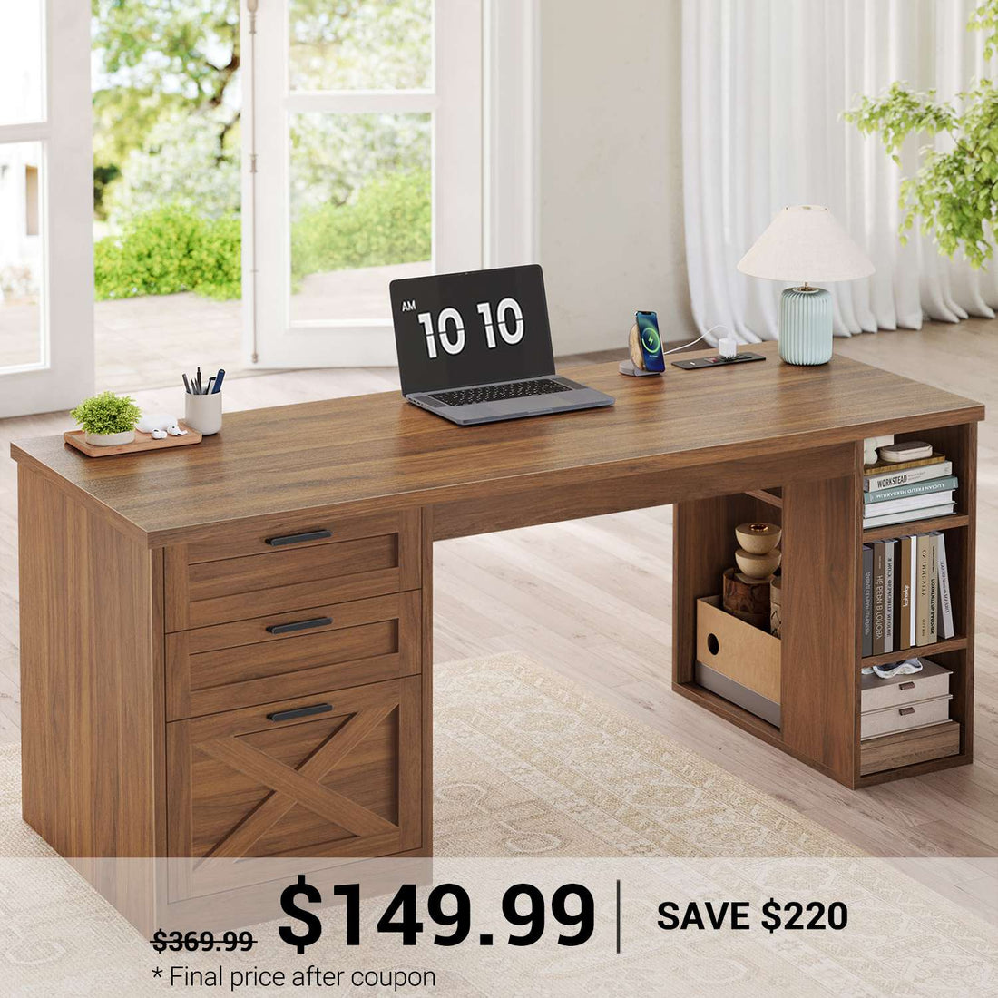 SEDETA | 55.1 Inch Computer Desk with File Drawer and Storage Shelves Farmhouse Office Desk Executive Desk with Power Outlet
