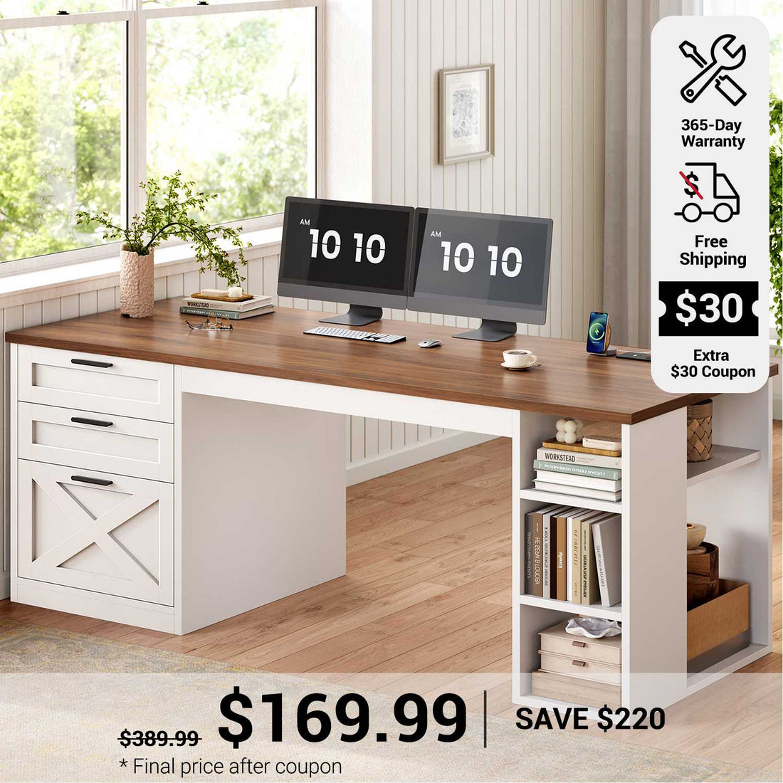 SEDETA 55.1 Inch Farmhouse Office Desk with 3 Drawers Computer Desk with Storage Shelves Executive Desk with Power Outlet