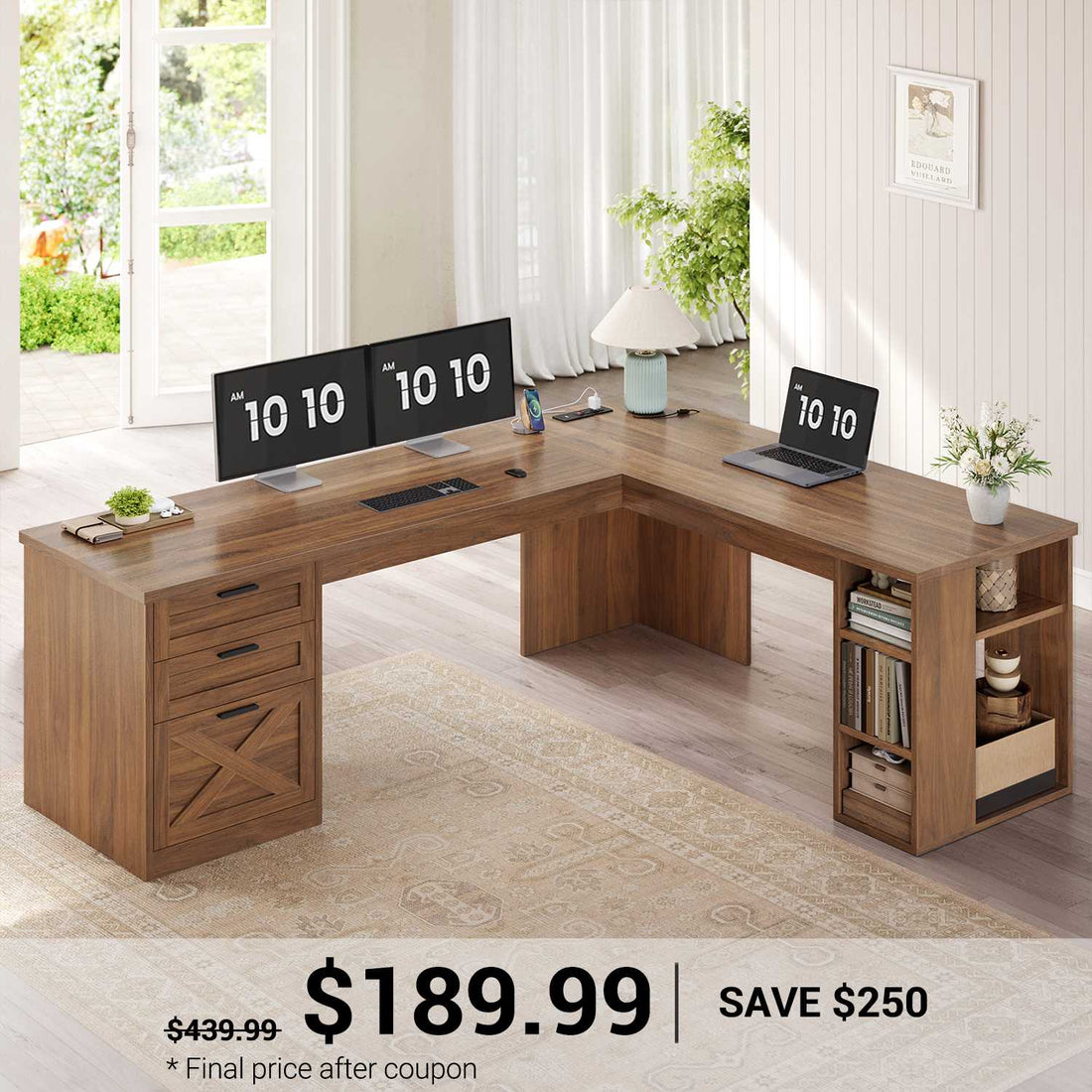 SEDETA |  67 Inch L Shaped Farmhouse Executive Computer Desk Home Office with Power Outlets 3 Drawers and Storage Shelves