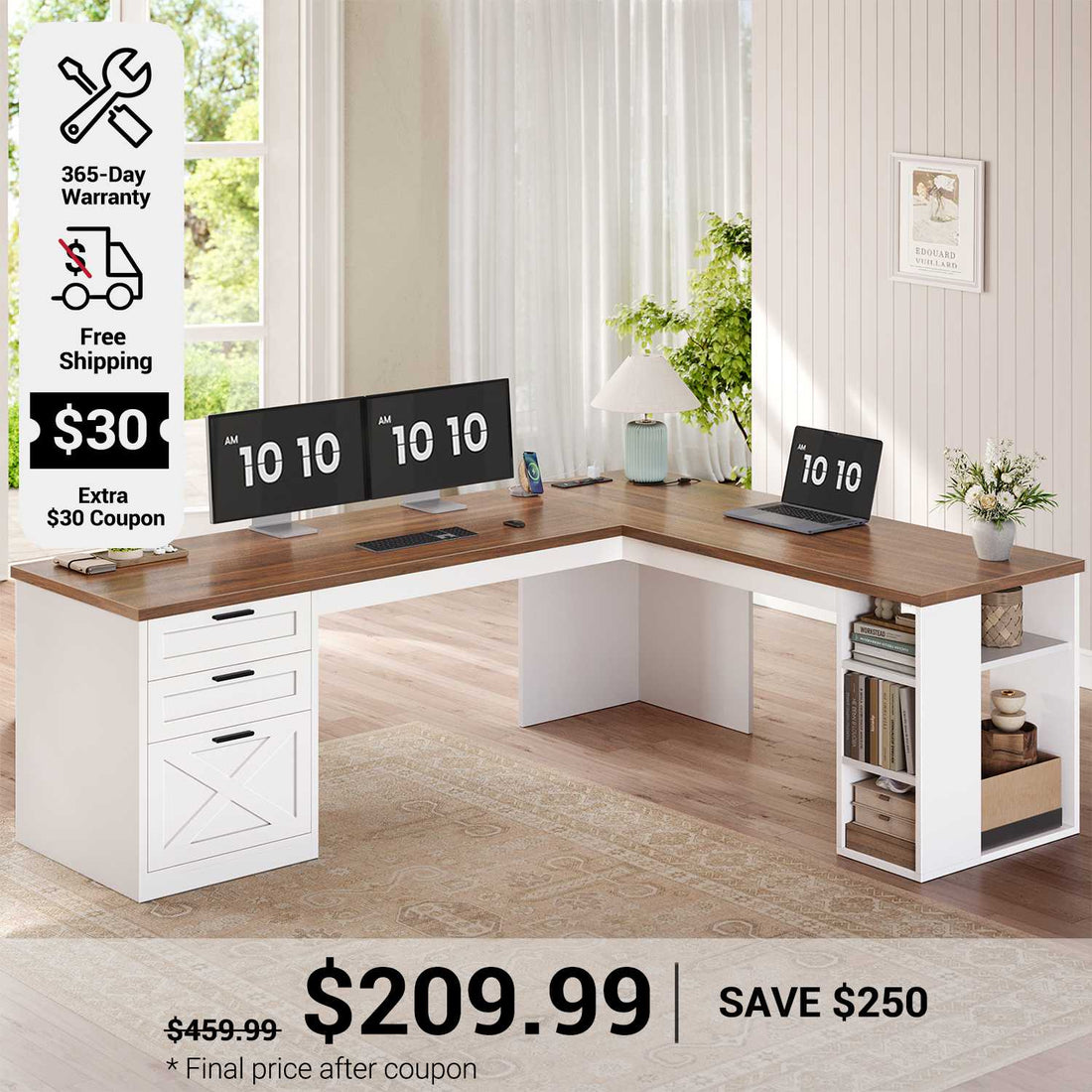 SEDETA 67 Inch Farmhouse L Shaped Computer Desk with 3 Drawers, Home Office Executive Desk with Storage Shelves, Power Outlets