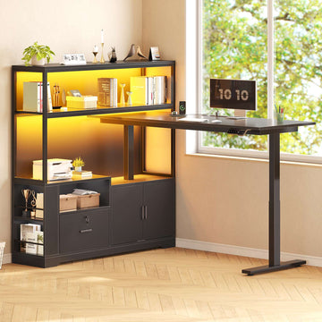 SEDETA 56.7 Inch Standing Desk Height Adjustable Electric L Shaped Stand Up Computer Gaming Desk with Drawers Hutch Power Outlets