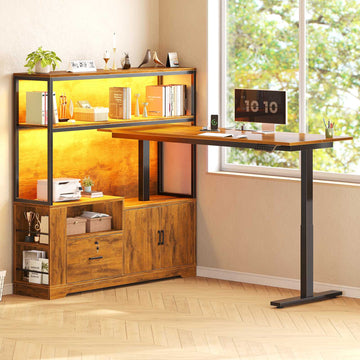 SEDETA | 56.7 Inch L Shaped Standing Desk Computer Desk Height Adjustable Electric Corner Gaming Desks with Power Outlets LED Lights