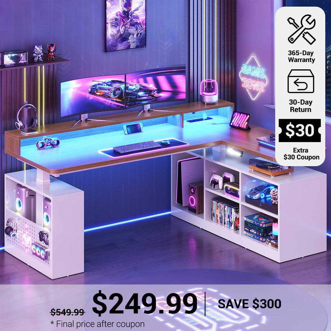 SEDETA® 63 Inch L Shaped Standing Desk Electric Height Adjustable Gaming Computer Desk with LED Lights Power Outlet Pegboard Storage Shelves