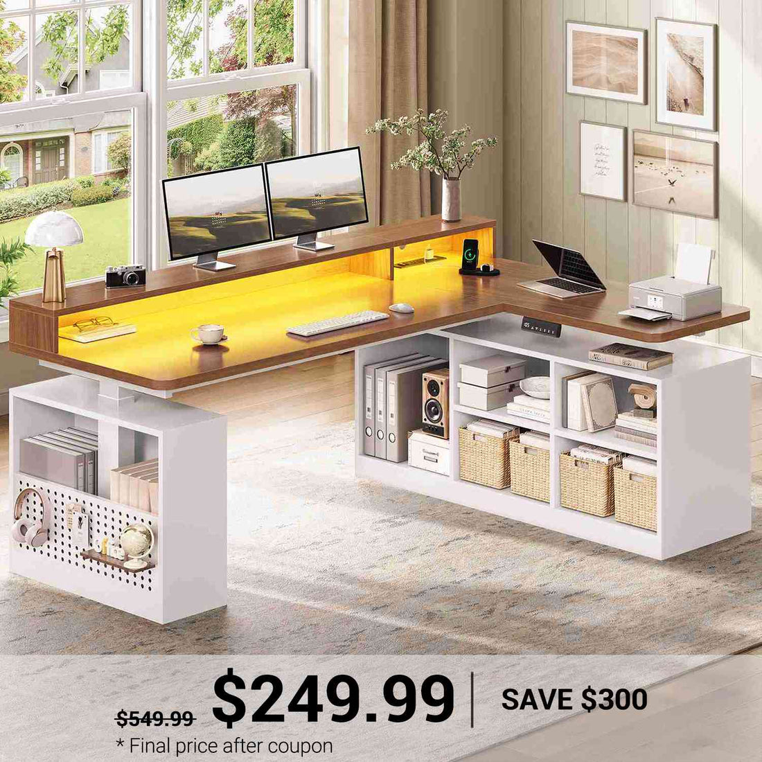SEDETA | 63 Inch L Shaped Electric Standing Desk Height Adjustable with LED Lights, Corner Gaming Computer Desk, Pegboard, Storage Shelves