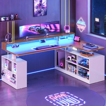 SEDETA® 63 Inch L Shaped Standing Desk Electric Height Adjustable Gaming Computer Desk with LED Lights Power Outlet Pegboard Storage Shelves