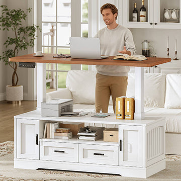 SEDETA | 47.2 Inch Farmhouse Lift Top Coffee Table Electric Standing Coffee Desk Height Adjustable with Power Outlet Storage Drawers Shelves