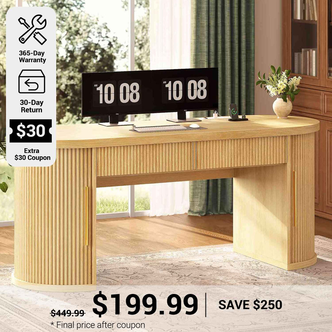SEDETA® 58.3 Inch Fluted Long Computer Desk Executive Desk Wood Office Desk with 2 Drawers 2 Sliding Doors 4 Storage Shelves Power Strip