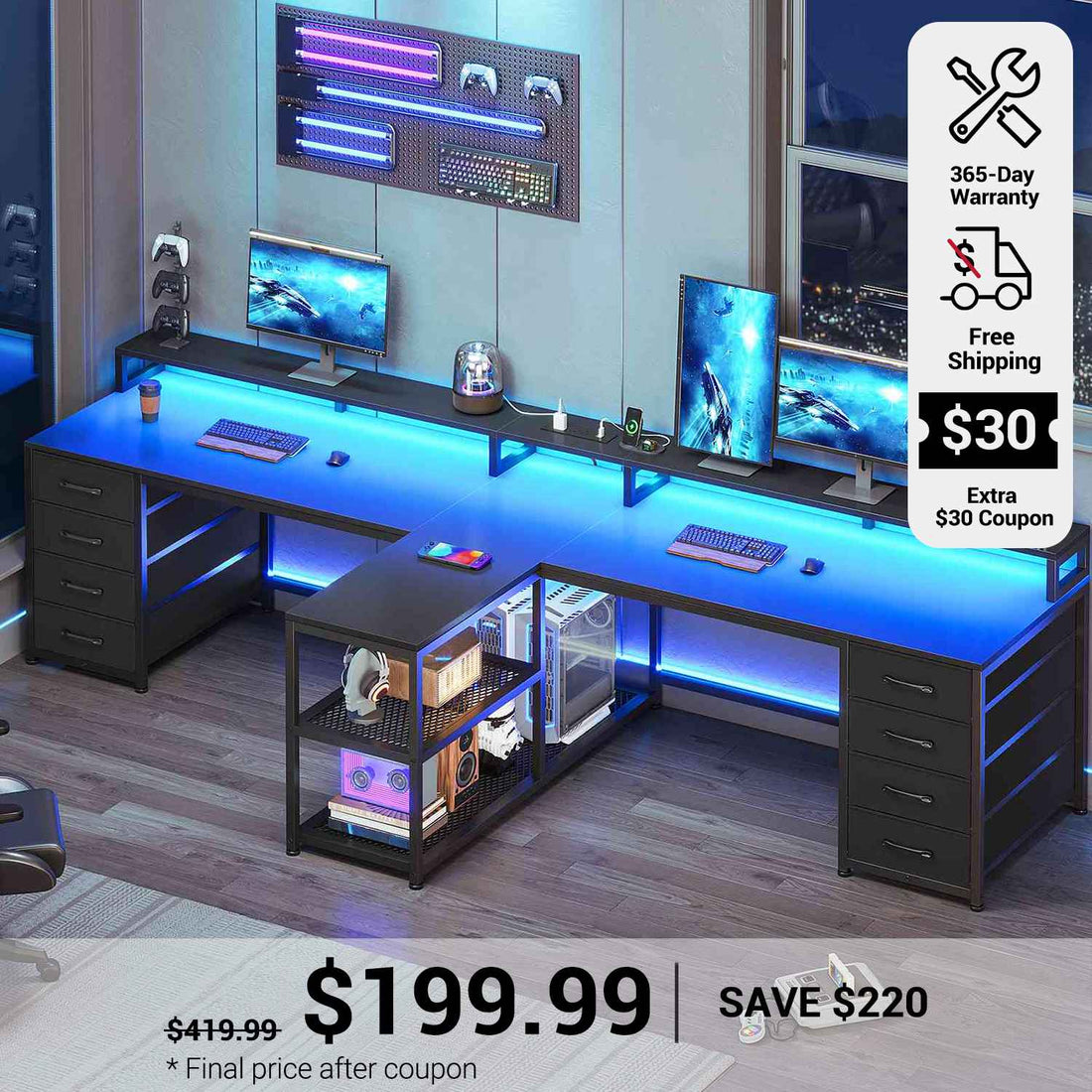 SEDETA 94.5 Inch Two Person Gaming Desk with LED Lights & Outlets, Long Office Computer Desk with 8 Storage Drawers