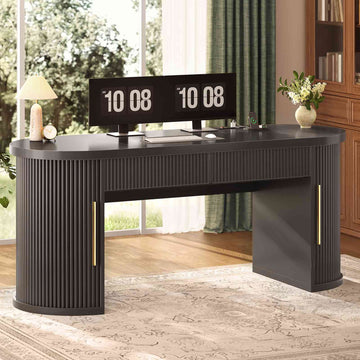 SEDETA 58.3 Inch Office Desk with 2 Drawers Fluted Long Computer Desk with 2 Sliding Doors Storage and Power Strip Wood Executive Desk for Home Office