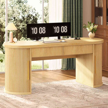 SEDETA | 58.3 Inch Executive Desk with 2 Drawers Office Desk with 2 Sliding Doors Power Strip Wood Fluted Long Computer Desk for Home Office