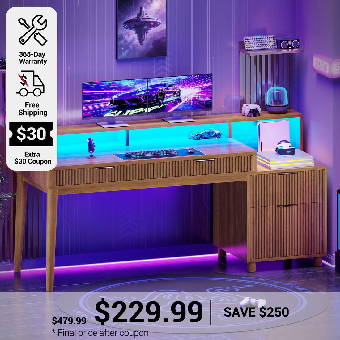 SEDETA 59 Inch Modern Office Desk with 4 Drawers Fluted Wood Gaming Computer Desk with Storage LED Lights and Power Strip Writing Desk Study Table