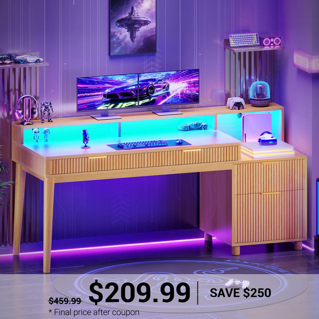 SEDETA | 59 Inch Fluted Gaming Computer Desk Modern Office Desk Writing Desk Study Table with LED Lights 4 Drawers Power Strip