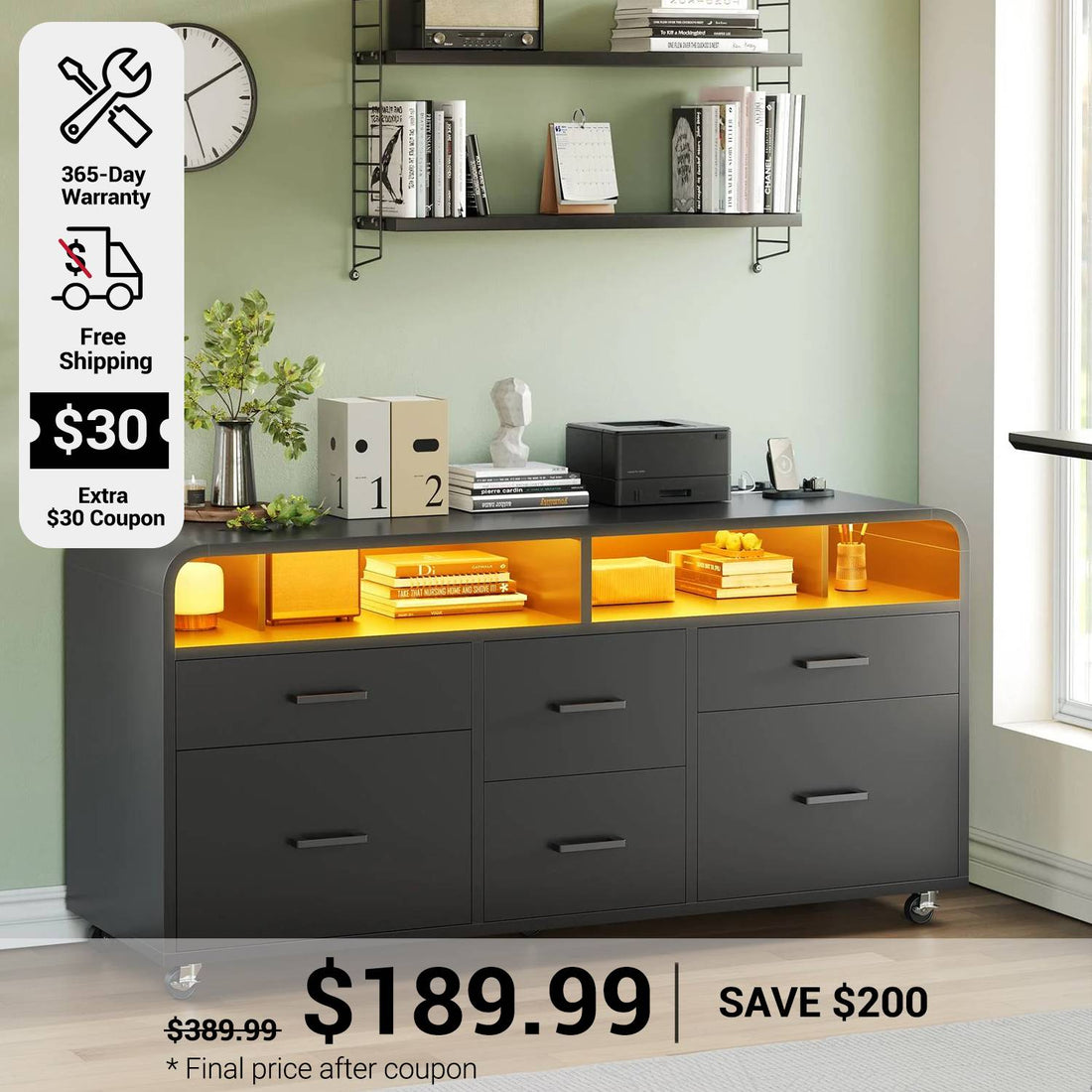 SEDETA 47 Inch 6 Drawer File Cabinet with Power Strip Wood Mobile Lateral Filing Cabinet with Printer Stand Storage Shelf Led Lights